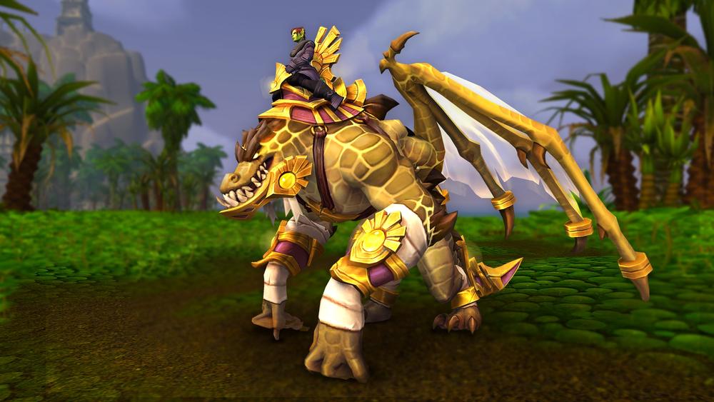 A female orc riding the Herald of Herald of Sa&apo;bak - a mustard-coloured corcodilian mount with a strong upper body so that it rests on its knuckles in an upright position, like a gorilla. Two draconian wings with translucent membranes sprout from its shoulders. It sports a gold-and-purple saddle and bracers with a vaguely Egyptian aesthetic.